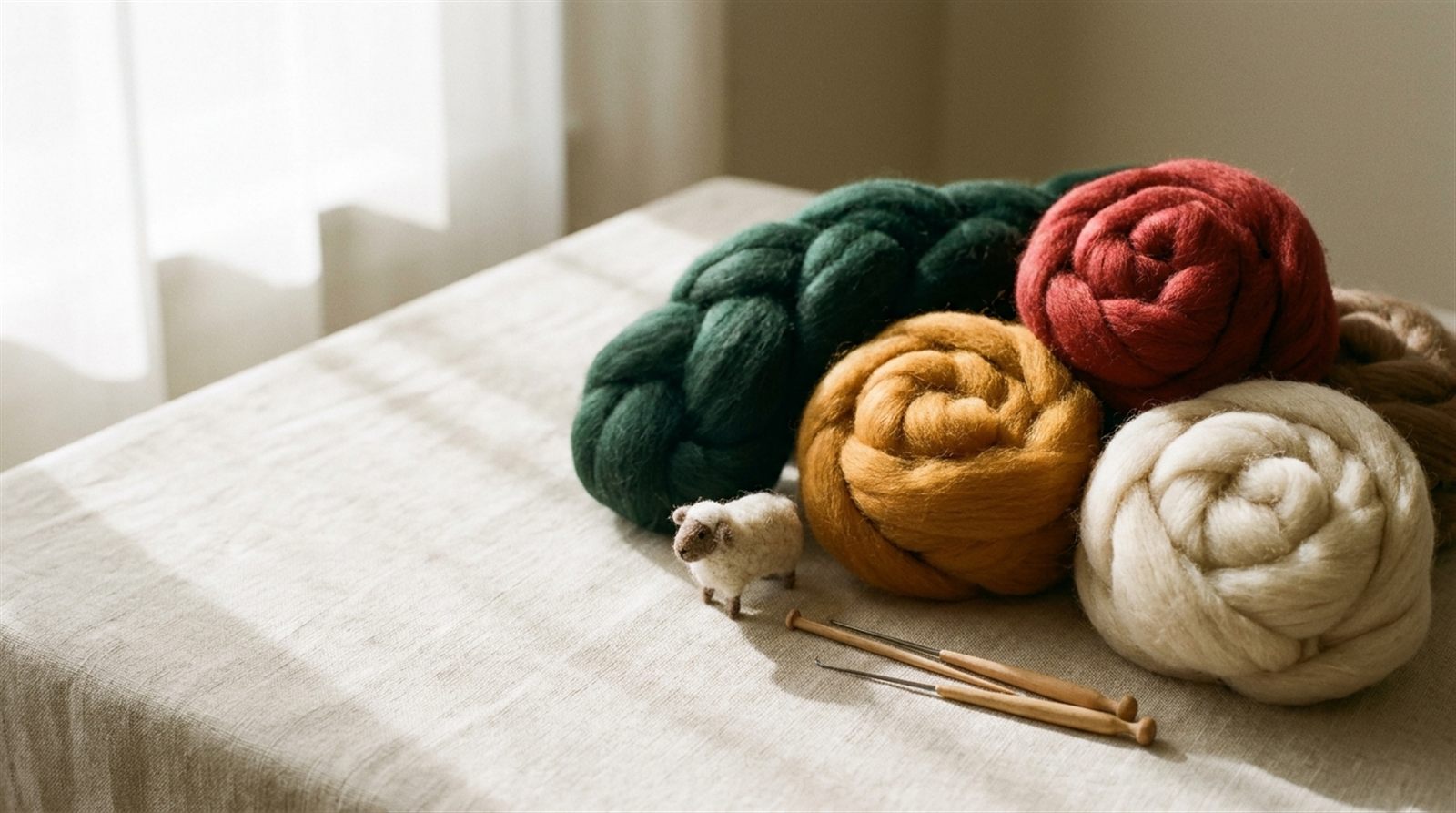 Merino-Kammzug in Fichtengrün, Bernstein, Krapprot und Naturweiß auf Leinen, daneben ein gefilztes Schaf und Filznadeln